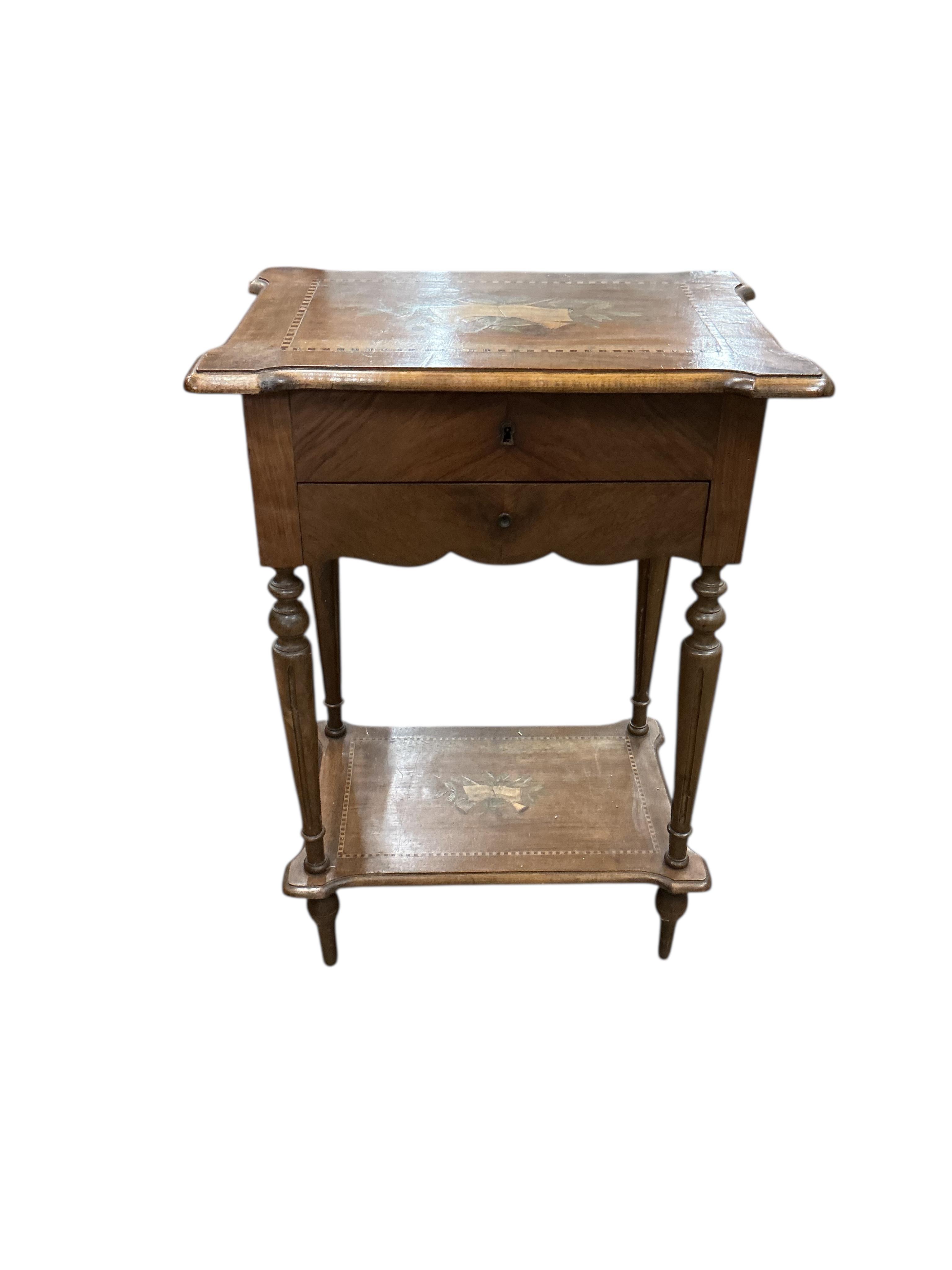 An early 20th century French marquetry inlaid walnut work table, width 52cm, depth 36cm, height 72cm